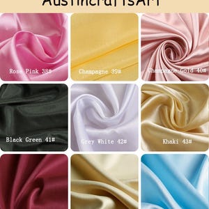 May include: A grid of nine fabric swatches labeled AustincraftsArt, featuring satin-like material in rose pink 38#, champagne 39#, champagne gold 40#, black green 41#, grey white 42#, khaki 43#, purple red 44#, champagne gold 45#, and light blue 46#.