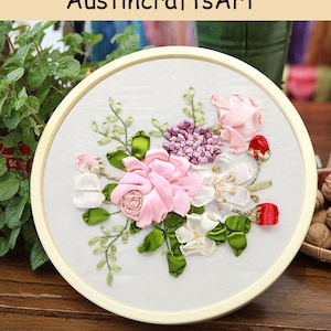 Flower Silk Ribbon Embroidery Kit, Easy DIY Beginner Silk Ribbon Embroidery Kit for Adults, Hand Craft Art Kit with Hoop