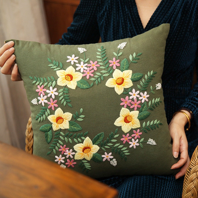 Kit De Broderie Housse De Coussin 44x44 Cm - Motif Floral, Toile Blanche, à Faire Soi-même, Décoration Intérieure