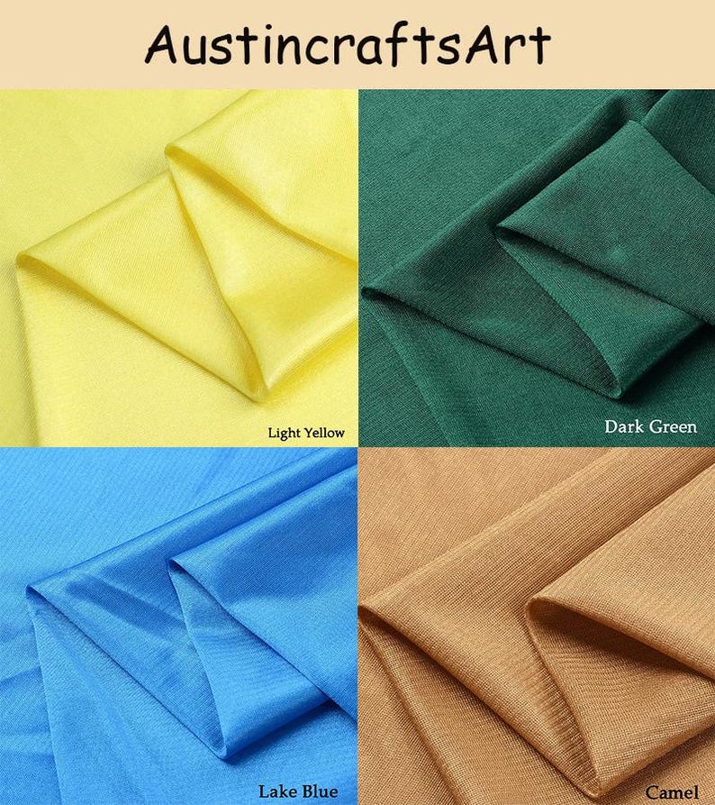 Może przedstawiać: Kolaż czterech pr&oacute;bek tkanin z napisem AustincraftsArt, w kolorach jasnoż&oacute;łtym, ciemnozielonym, jeziornym błękicie i wielbłądzim. Każda sekcja przedstawia złożony materiał, ukazujący teksturę i głębię koloru wraz z wyraźnymi etykietami tekstowymi.