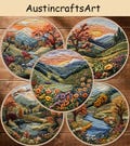Landscape Embroidery Kit, DIY Retro Field Scenery Needlework Embroidery Kit, Flower Trees Mountain Embroidered Gift, Home Decoration Kit