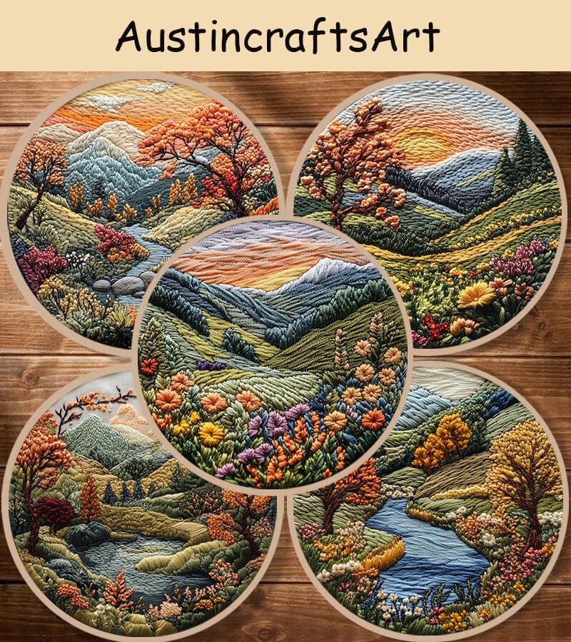 Landscape Embroidery Kit, DIY Retro Field Scenery Needlework Embroidery Kit, Flower Trees Mountain Embroidered Gift, Home Decoration Kit