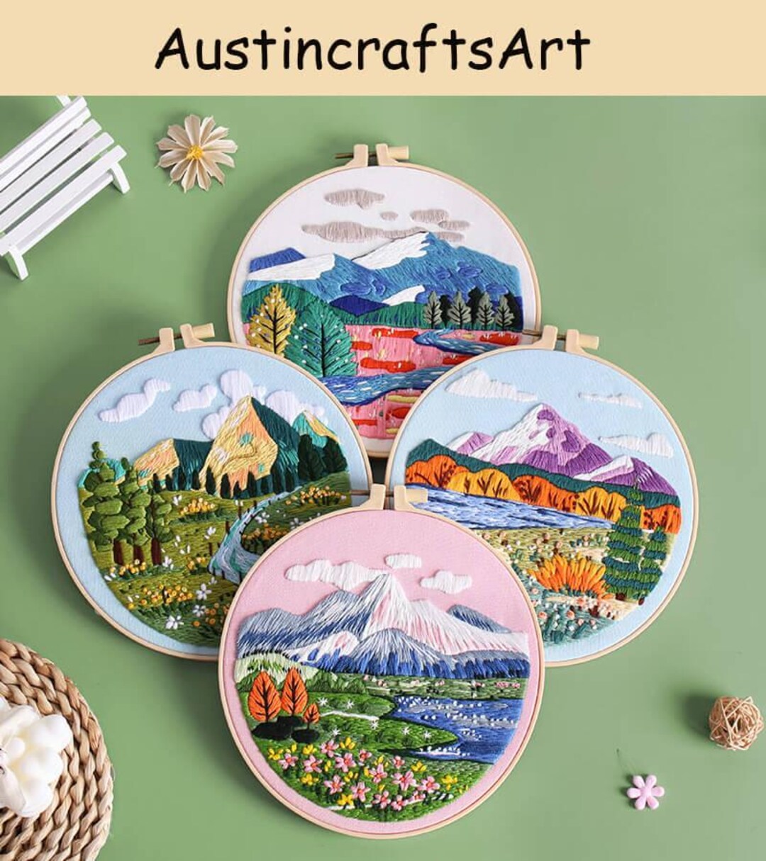 Landscape Embroidery Kit: Mountain Forest Needlework Project, Wall Home ...