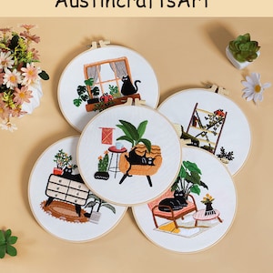 Cat Embroidery Kit Beginner, Embroidered Holiday Black Cat Handcraft Kit, DIY Animal Flower Embroidery Kit, Decoration Needlepoint Gifts