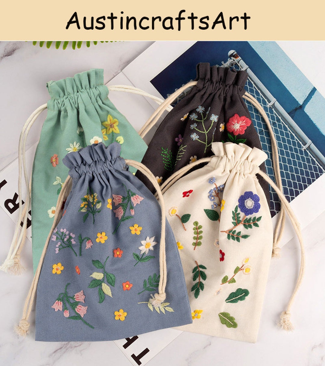 Floral Drawstring Bag Embroidery Kit Embroidery Drawstring Etsy