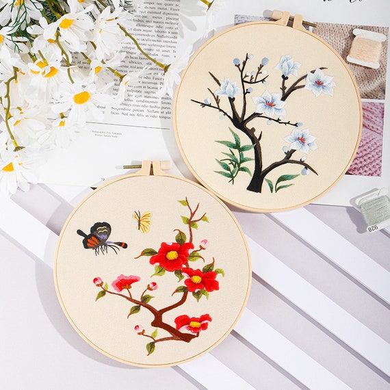 Embroidery Kit for Beginner, Chinese Style Three-dimensional Transparent Yarn DIY Embroidery Plant Handmade Crafts Material Package+ 20cm Embroidered