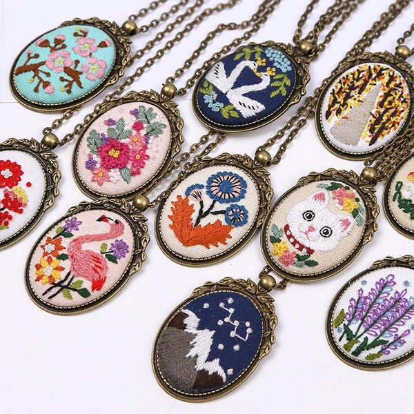 Floral Necklace Pendant Supplies, Beginner Hand Embroidery Jewelry Kit, DIY Handmade Gift Kit