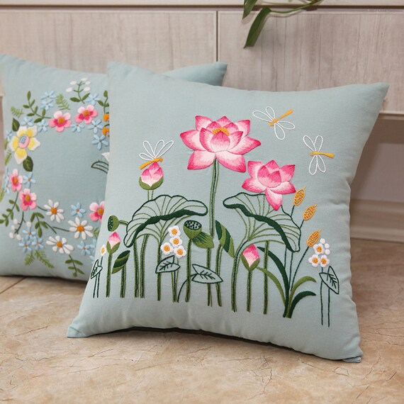 Colcolo DIY Embroidery Pillow Cover Kit - Semi-Finished Stitch Set For Beginners, Green, 17.32x17.32 Inch