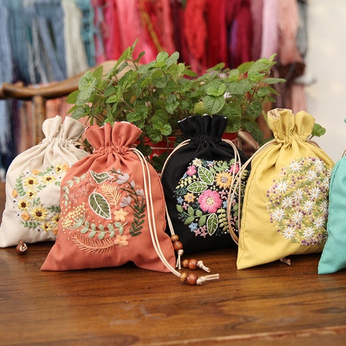 Hand Embroidery Drawstring Bag Floral Beginner Embroidery Etsy