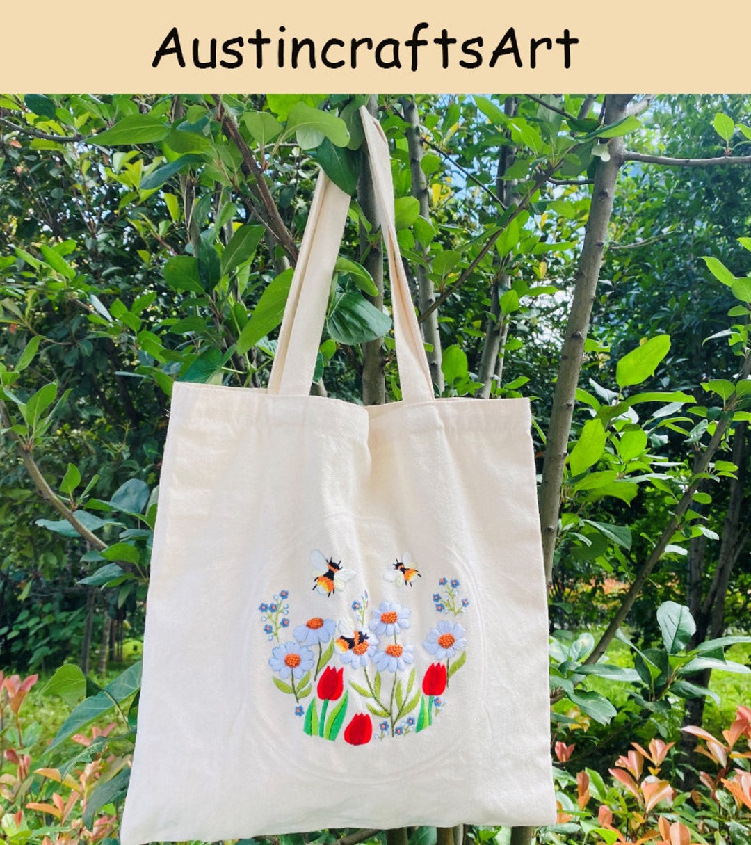 Embroidery Tote Bag Kit, Flower Plant Rabbit Embroidered Handbag Kit, DIY Modern Bag, Hand