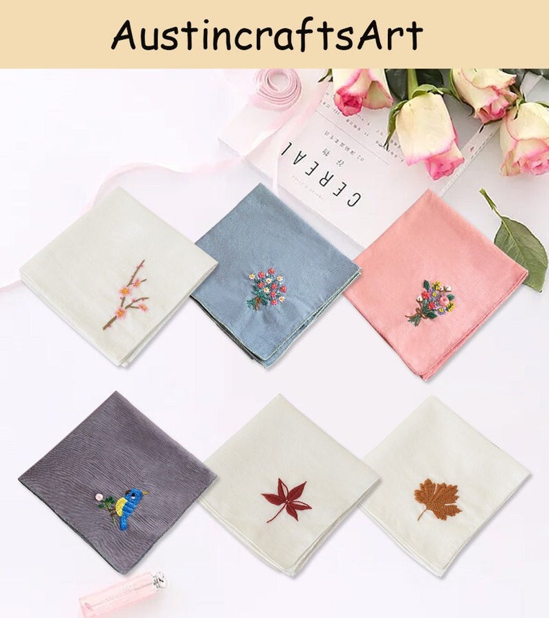 Handkerchief Embroidery Kit, Floral Napkin Embroidered Kit For Beginner, Flowers Plant Hand Embroidery Handkerchief Kit Gift, DIY Gifts image 1