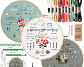 May include: Three embroidery hoop kits with different designs. The first hoop has a mushroom and leaf design with the text "Just". The second hoop has a floral design with the text "Love". The third hoop has a cactus design with the text "Life". Each hoop comes with embroidery floss, a needle, and instructions.