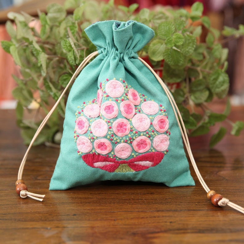 Hand Embroidery Drawstring Bag Floral Beginner Embroidery Etsy