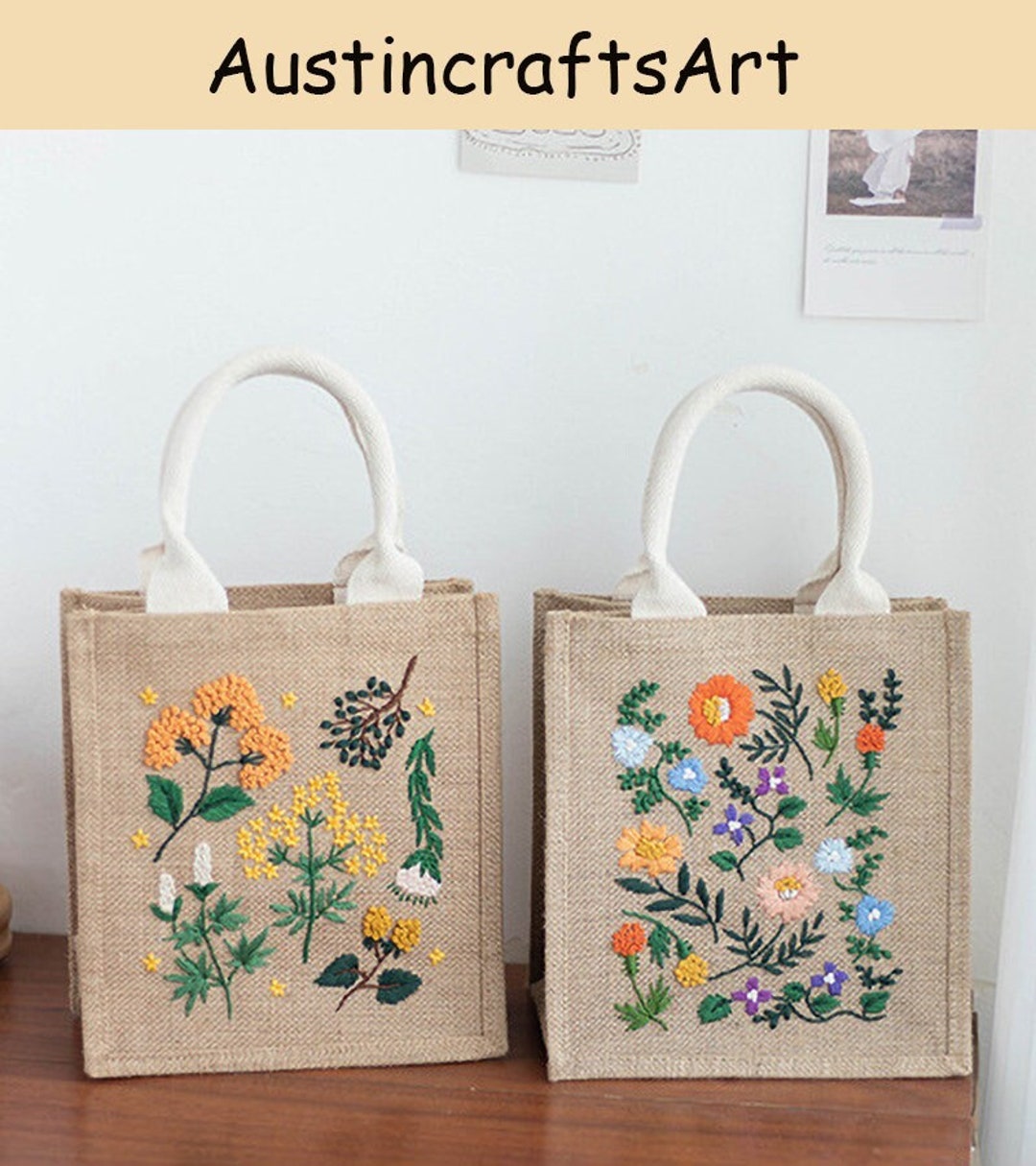 Embroidery Tote Bag Kit, DIY Embroidered Flowers Linen Handbag Kit, DIY Modern Bag Adult Hand