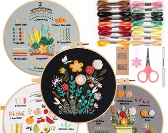 Dentedeleao Set Da Ricamo 3 Kit Da Ricamo Per Principianti, Starter Kit Ricamo Per Adulti Bambini Con Motivi E Istruzioni, Telaio, Fili Colorati, Tessuti Ricamati, Kit Punto Croce, Per Fai Da Te
