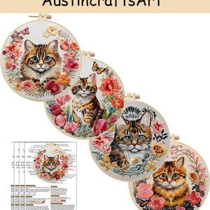 Cat Embroidery Kit, Cute Cat Flowers Butterfly Embroidered Kit, DIY Animal Hand Making Needlepoint Projects, Home Decor Wall Ornament Gift