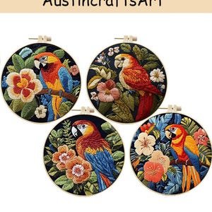 Bird Embroidery Kit, Colorful Parrot Flowers Embroidered Kit, DIY Needlework Project, Beginner Embroidery Kit, Home Decor Wall Ornament Gift