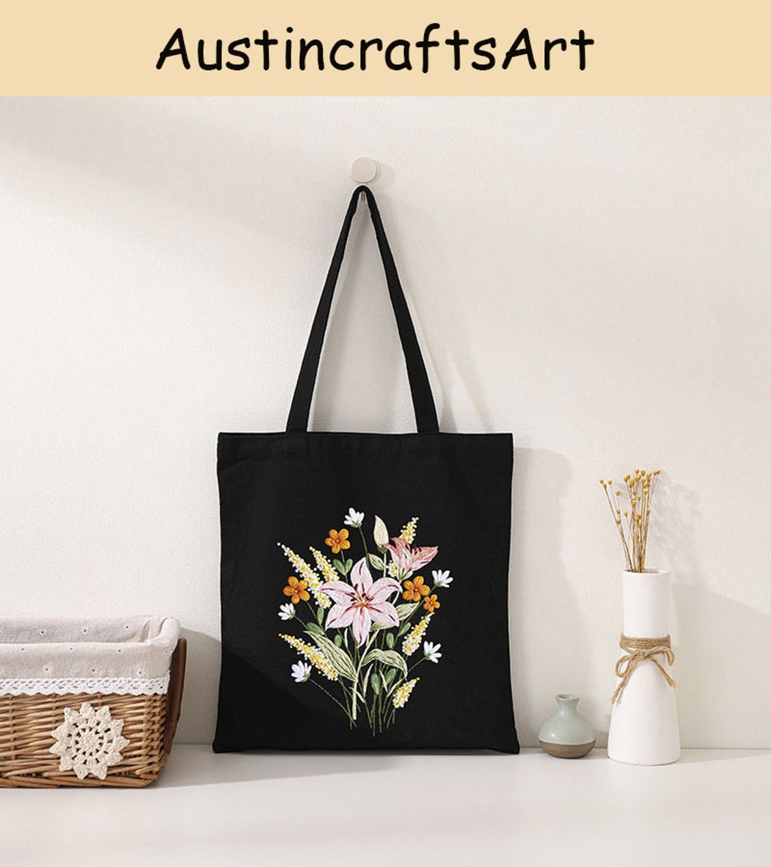 Embroidery Tote Bag Kit, DIY Flowers Adult Embroidered Kit, DIY Modern Cotton Bag Handcraft