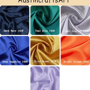 May include: A color chart by AustincraftsArt displaying seven fabric swatches in satin finish. Colors include Dark Navy 141#, Teal Blue 143#, Light Grayish 146#, Deep Sapphire 149#, Olive Brown 157#, Bright Orange 160#, and Lavender Blue 161#.