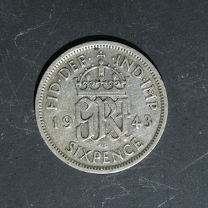 1943 Silver Sixpence Coin Great Britain GeorgeVI, Perfect for Birthdays, Collections, Anniversary, Crafting and Jewellery.