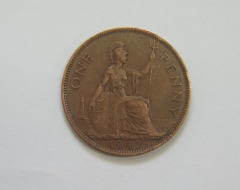 1947 One Penny Coin Great Britain George VI, Perfect for Birthdays, Collections, Anniversary, Crafting and Jewellery.