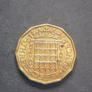 1966 British Threepence Coin: Elizabeth II, Brass Collectible