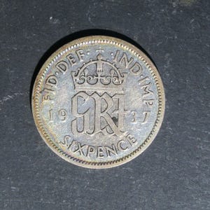 1937 Silver Sixpence Coin Great Britain GeorgeVI, Perfect for Birthdays, Collections, Anniversary, Crafting and Jewellery.