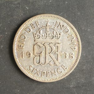 1938 Silver Sixpence Coin Great Britain GeorgeVI, Perfect for Birthdays, Collections, Anniversary, Crafting and Jewellery.