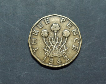 1942 Threepence Coin Great Britain George VI, Perfect for Birthdays, Collections, Anniversary, Crafting and Jewellery.