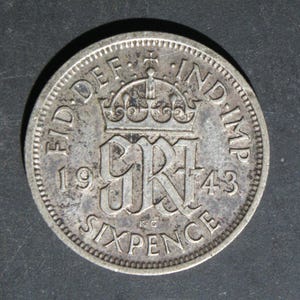 1943 Silver Sixpence Coin Great Britain GeorgeVI, Perfect for Birthdays, Collections, Anniversary, Crafting and Jewellery.