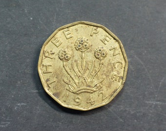 1942 Threepence Coin Great Britain George VI, Perfect for Birthdays, Collections, Anniversary, Crafting and Jewellery.