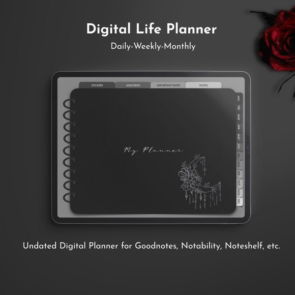 Dark Mode Digital Planner, Undated Planner, GoodNotes, 2022 new product, pre-cropped stickers, No Lag, minimalist digital planner