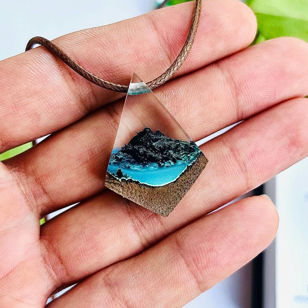 Resin Mountain Necklace: Handmade Walnut Wood Epoxy Pendant - Main Image