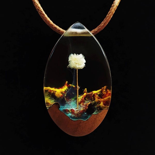 Wood Resin Dried Flower Yellow Unisex Pendant Natural Gift for Her