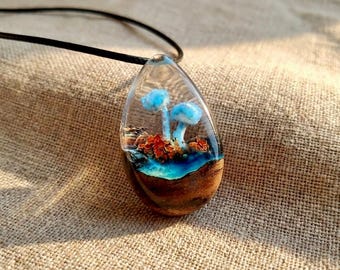 Glow in the Dark Mushroom Necklace: Resin Wood Pendant