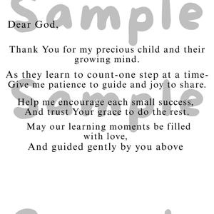 May include: A white card with the text "Parent Prayer" at the top. The prayer includes phrases like "Dear God," and "Thank You for my precious child." The word "Sample" is overlaid on the text.