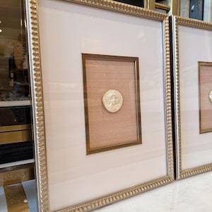 May include: Two gold framed pictures with a white mat and a textured pink background. Each picture has a round, white, embossed medallion in the center.