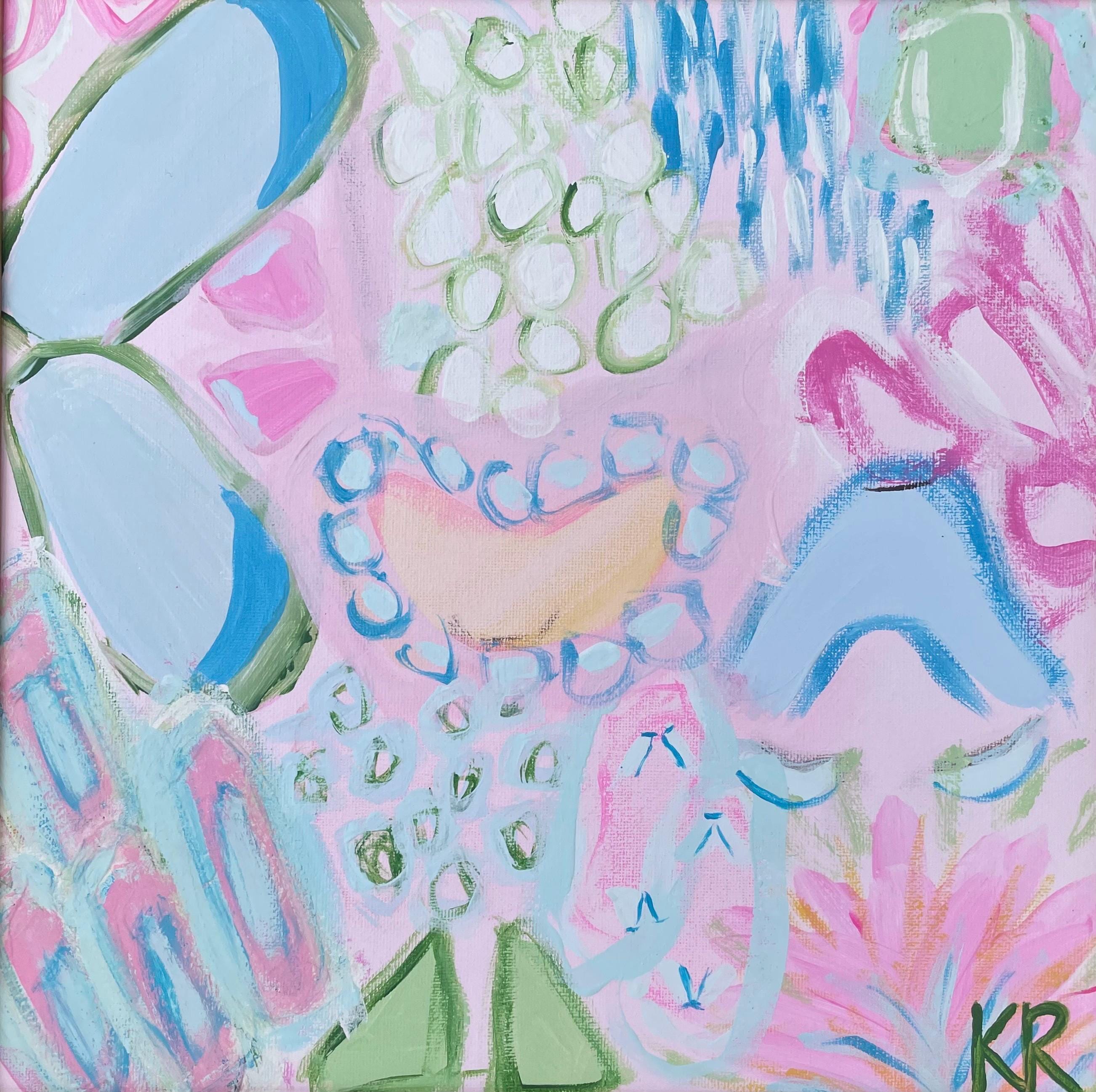 Chinoiserie Whimsical and Abstract Wall Art | CANVAS PRINT | Dorm Decor | GRANDMILLENNIAL Art | Pink Blue Green Yellow Art 12”x12” |