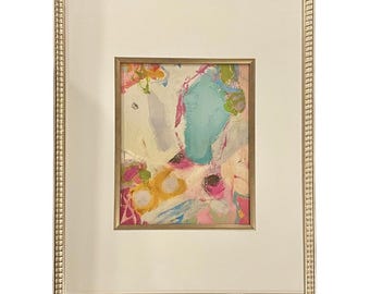 Framed Pink and Blue Abstract Art with White Gold Edged Mat Print, Wall Decor, Abstract Art, Framed Art, Colorful Art Print, Whimsical Art