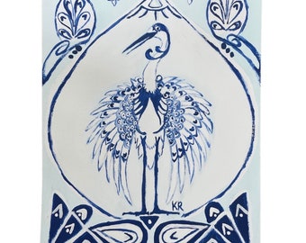 PRINT ONLY Chinoiserie Delft Blue and White Pelican Bird