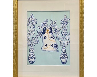 Framed Blue and White Staffordshire Chinoiserie Dog Print, Dog Art, Grandmillennial Art, Framed Art, Wall Decor, Holiday Gift, Art Print