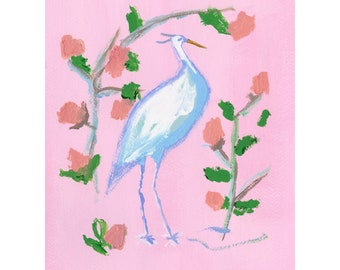 PRINT ONLY Chinoiserie Hand Painted Egret With Flowers Print