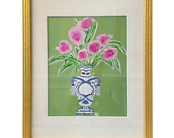 Framed Chinoiserie Style Vase With Pink Flowers Print