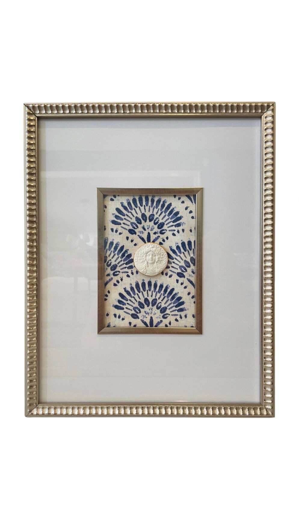 Framed Intaglio - with Blue and White Designer Fabric Background