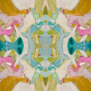 Może przedstawiać: Abstrakcyjny obraz o symetrycznym wzorze, w którym dominują żywe kolory, takie jak różowy, żółty, zielony i niebieski. Kolory są ze sobą zmieszane i nałożone na siebie, tworząc dynamiczny i fakturowany efekt.