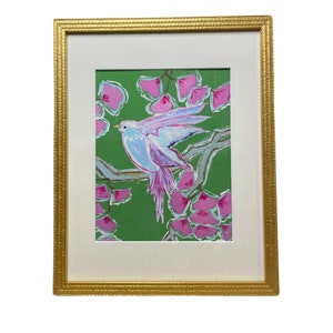 Framed Chinoiserie Green and Pink Hand Painted Bird Print