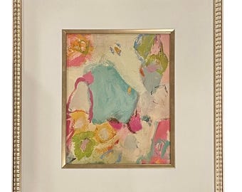 Framed Pink and Blue Abstract Art with White Gold Edged Mat Print, Wall Decor, Abstract Art, Framed Art, Colorful Art Print, Whimsical Art