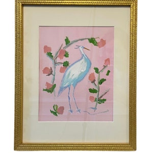 Framed Chinoiserie Hand Painted Egret With Flowers Print