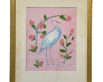 Framed Chinoiserie Hand Painted Egret With Flowers Print, Bird Art, Framed Art, Framed Print, Holiday Gift, Wall Decor, Wall Art
