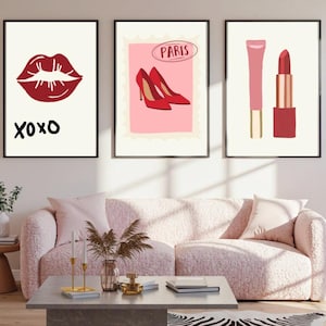 Pósters de moda de moda - Descarga digital - Dibujados a mano digitalmente, Sello de lápiz labial de moda, Póster de viaje de moda, Paquete de 3